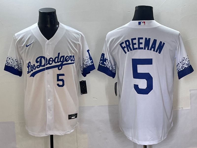 Men Los Angeles Dodgers 5 Freeman White blue City Edition Nike MLB Jersey style 3